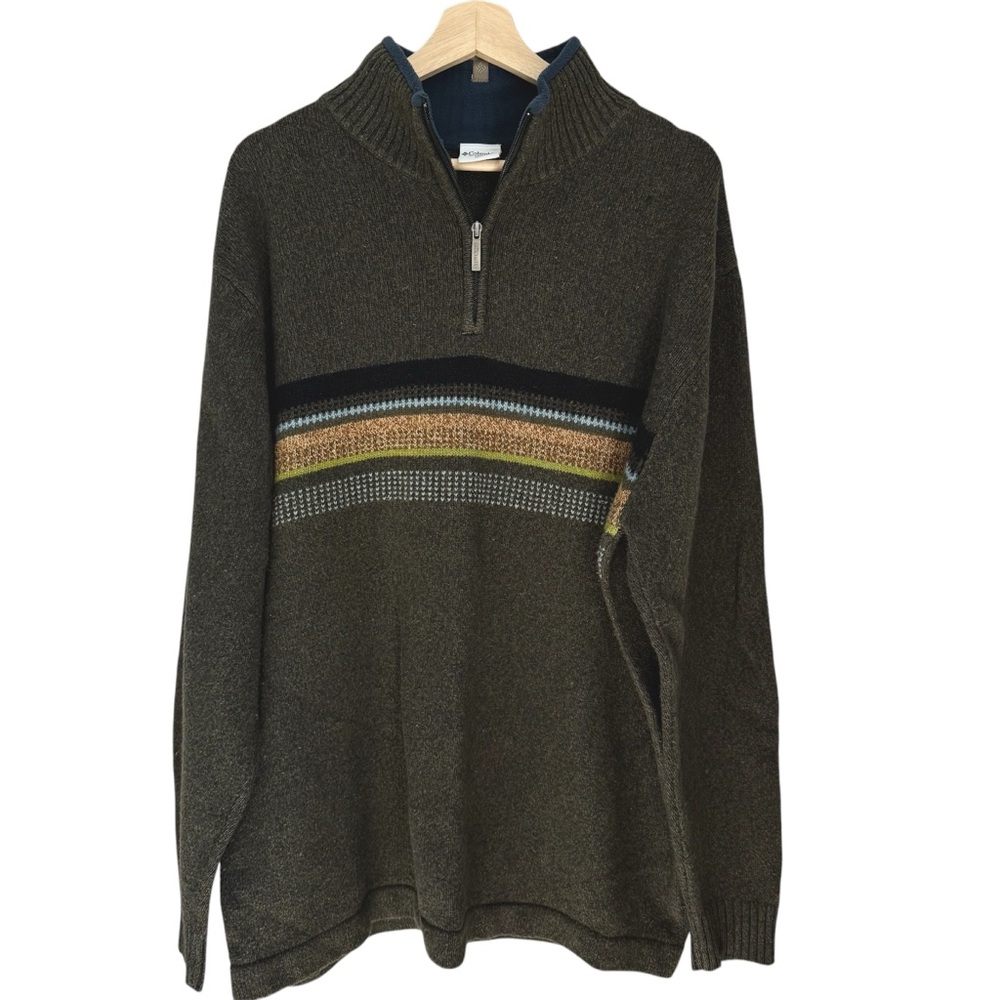 Columbia 1/4 Zip Sweater Men's Olive Green With Stripes Wool Blend Size XL